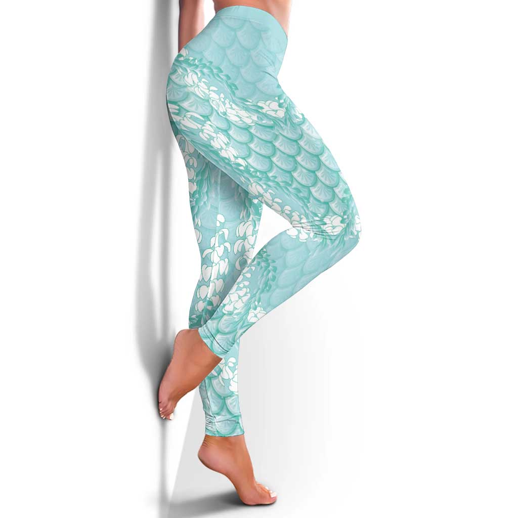 Light Turquoise Mermaid Puakenikeni Maile Lei Leggings