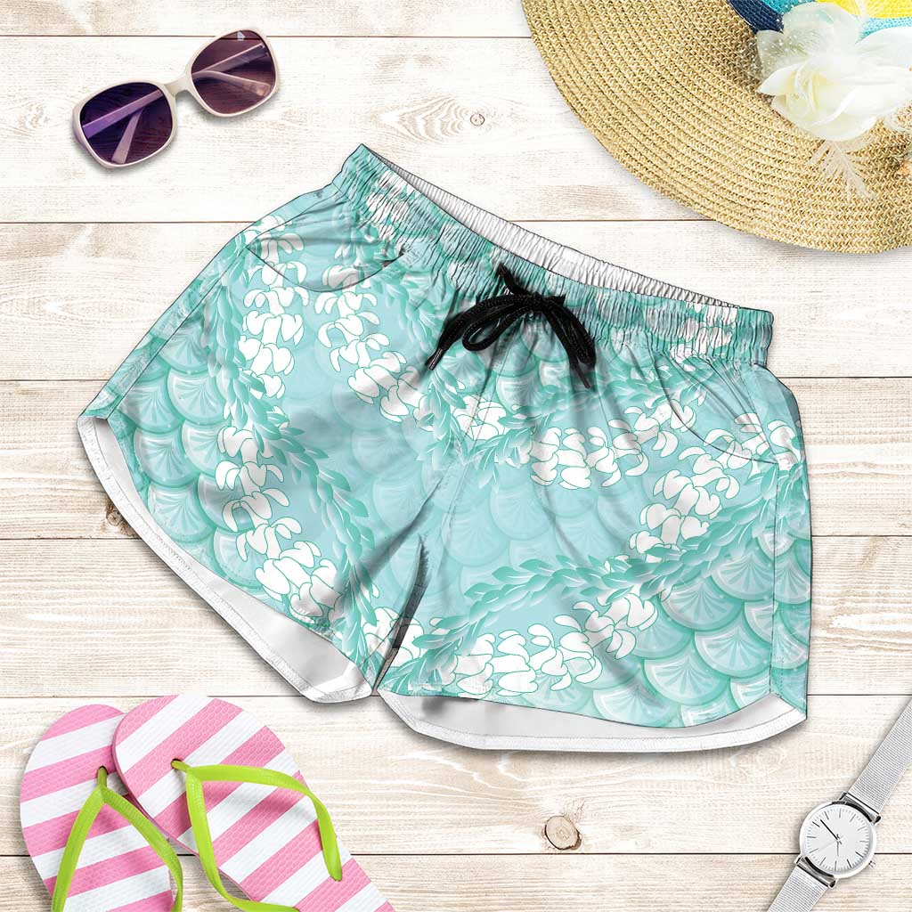 Light Turquoise Mermaid Puakenikeni Maile Lei Shorts for Women