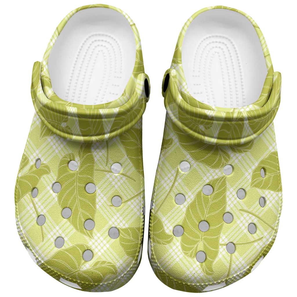 Lime Green Hawaii Kalo Palaka Motifs Clogs Shoes Hawaiian Taro Leaves Elegant Vibes
