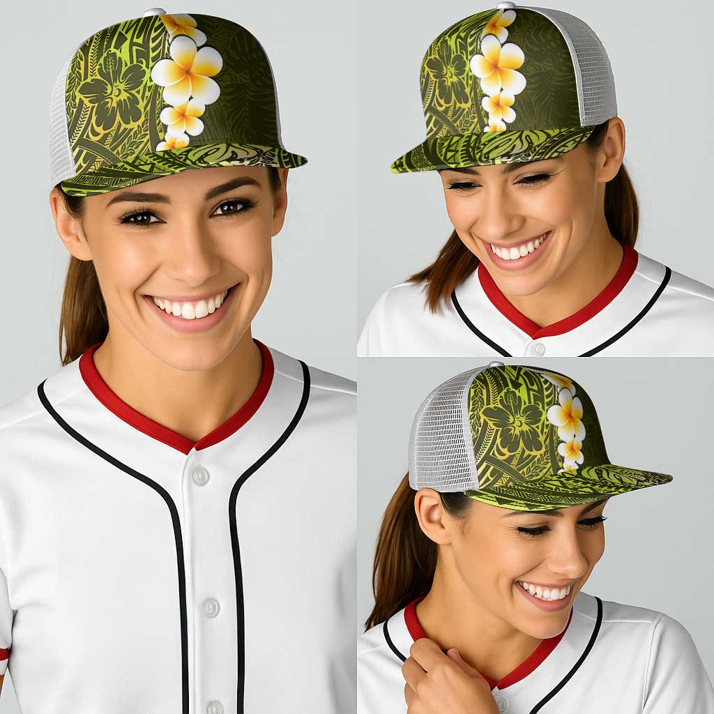Lime Green Polynesia Baseball Net Cap Plumeria Tropical Leaves With Galaxy Polynesian Art - Polynesian Pride