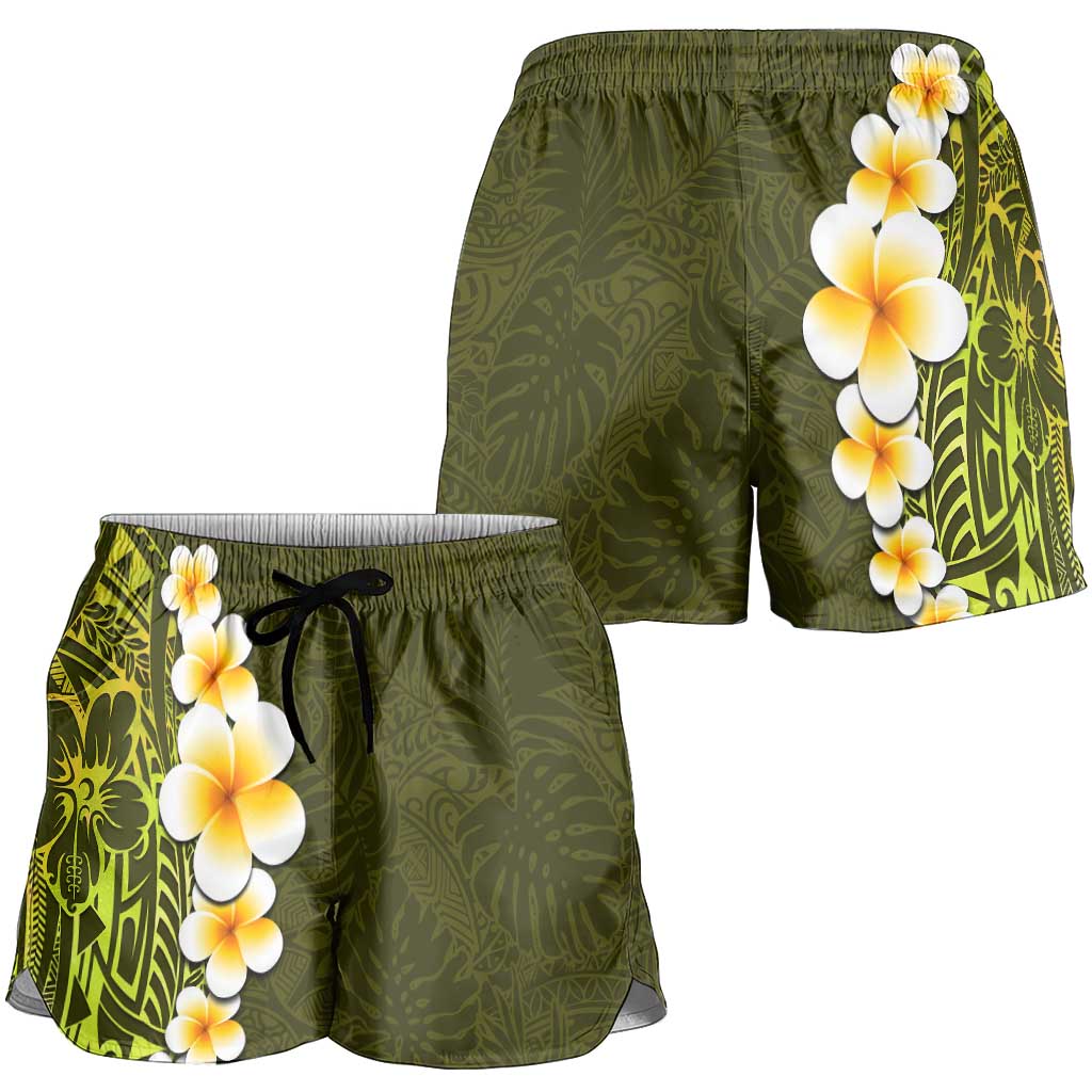Lime Green Polynesia Shorts for Women Plumeria Tropical Leaves With Galaxy Polynesian Art - Polynesian Pride