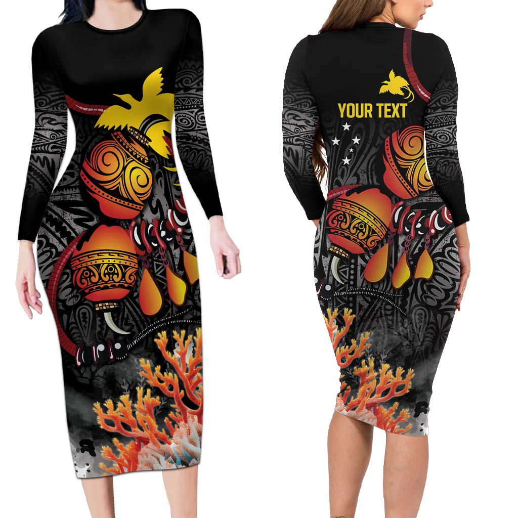 Personalized Papua New Guinea Milne Bay Long Sleeve Bodycon Dress Bagi Necklace Lime Pot Mix Coral LT7 Long Dress Black - Polynesian Pride