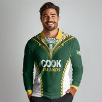 Custom Rugby League Cook Islands Long Sleeve Polo Shirt Tribal Pattern Green Version LT01 - Polynesian Pride