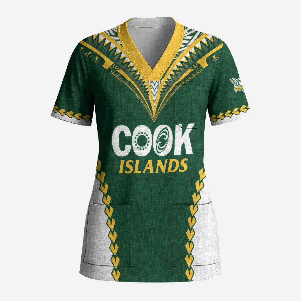 Custom Rugby League Cook Islands Scrub Top Tribal Pattern Green Version LT01 Adult Green - Polynesian Pride