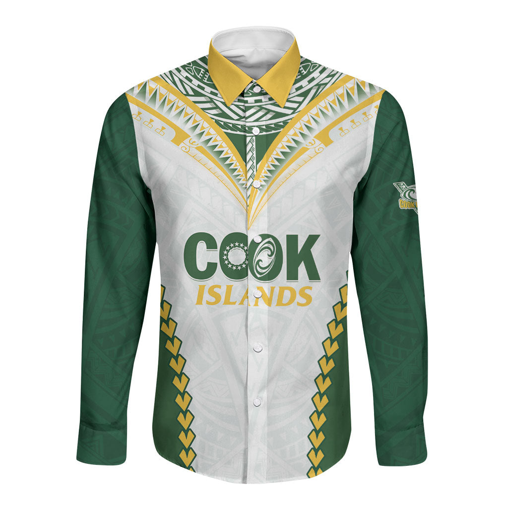 Custom Rugby League Cook Islands Long Sleeve Button Shirt Tribal Pattern White Version