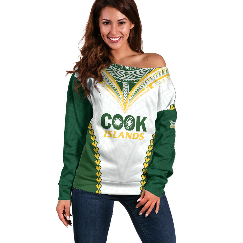 Custom Rugby League Cook Islands Off Shoulder Sweater Tribal Pattern White Version