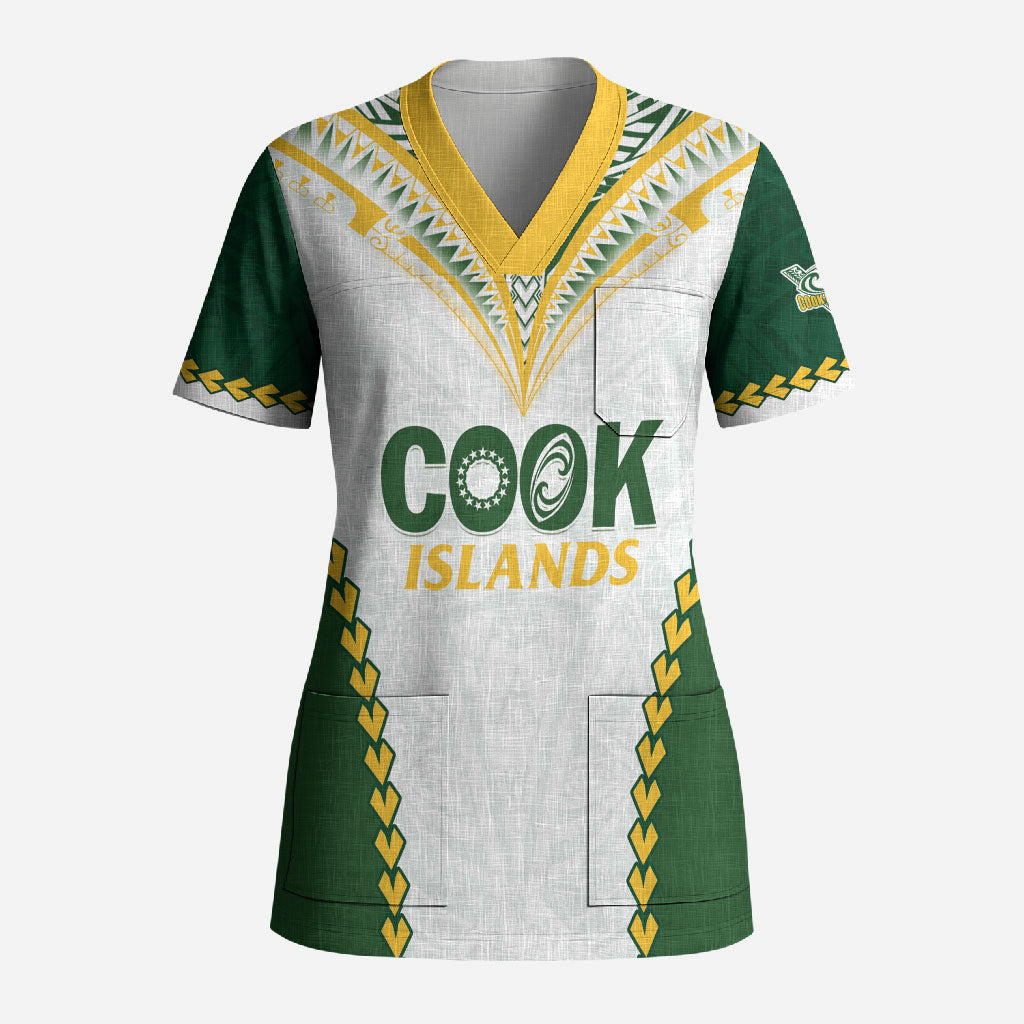 Custom Rugby League Cook Islands Scrub Top Tribal Pattern White Version
