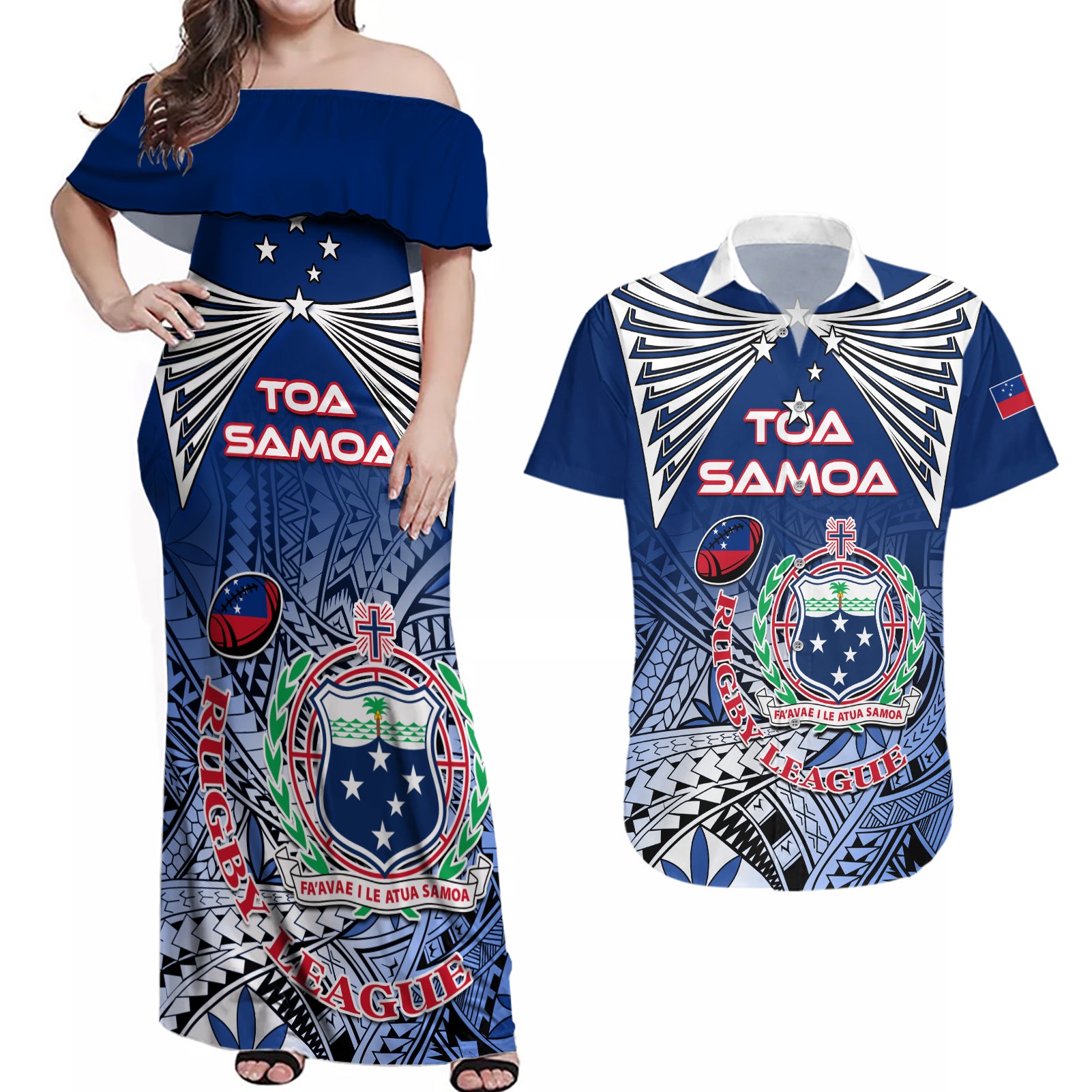 Custom Samoa Rugby Couples Matching Off Shoulder Maxi Dress and Hawaiian Shirt Toa Samoa Myriad Patterns LT01 Blue - Polynesian Pride