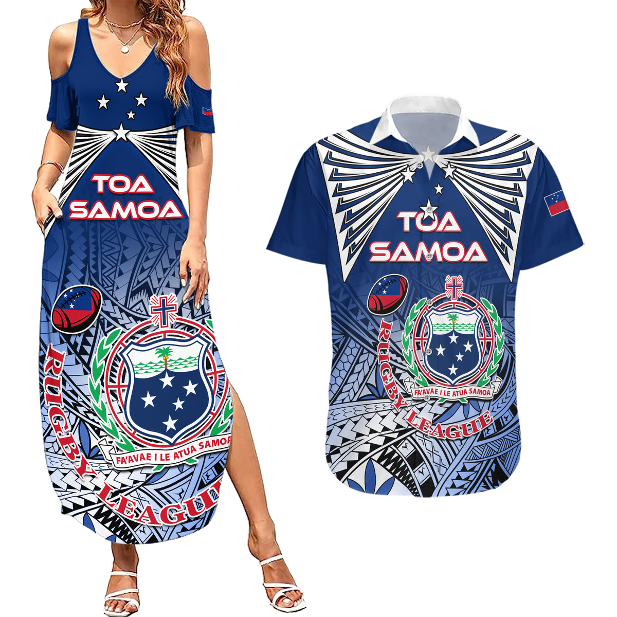 Custom Samoa Rugby Couples Matching Summer Maxi Dress and Hawaiian Shirt Toa Samoa Myriad Patterns LT01 Blue - Polynesian Pride