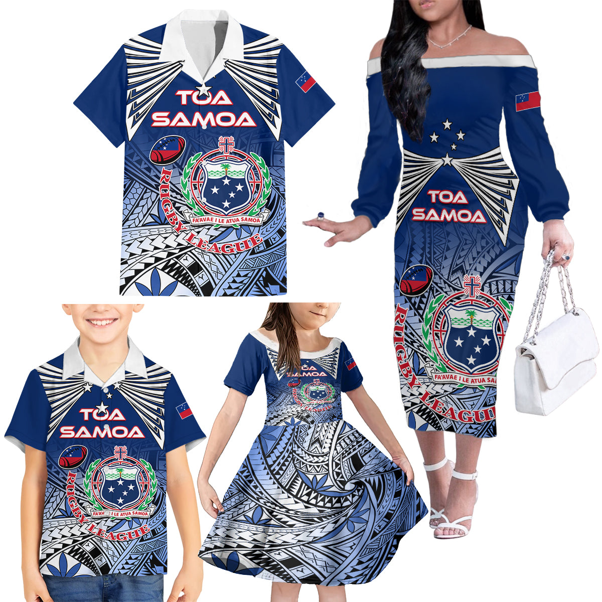 Custom Samoa Rugby Family Matching Off Shoulder Long Sleeve Dress and Hawaiian Shirt Toa Samoa Myriad Patterns LT01 - Polynesian Pride