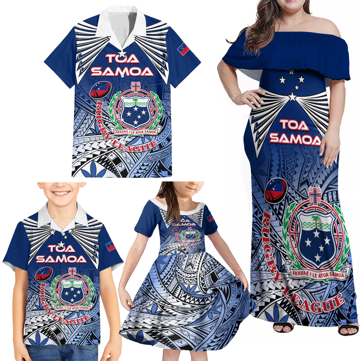 Custom Samoa Rugby Family Matching Off Shoulder Maxi Dress and Hawaiian Shirt Toa Samoa Myriad Patterns LT01 - Polynesian Pride