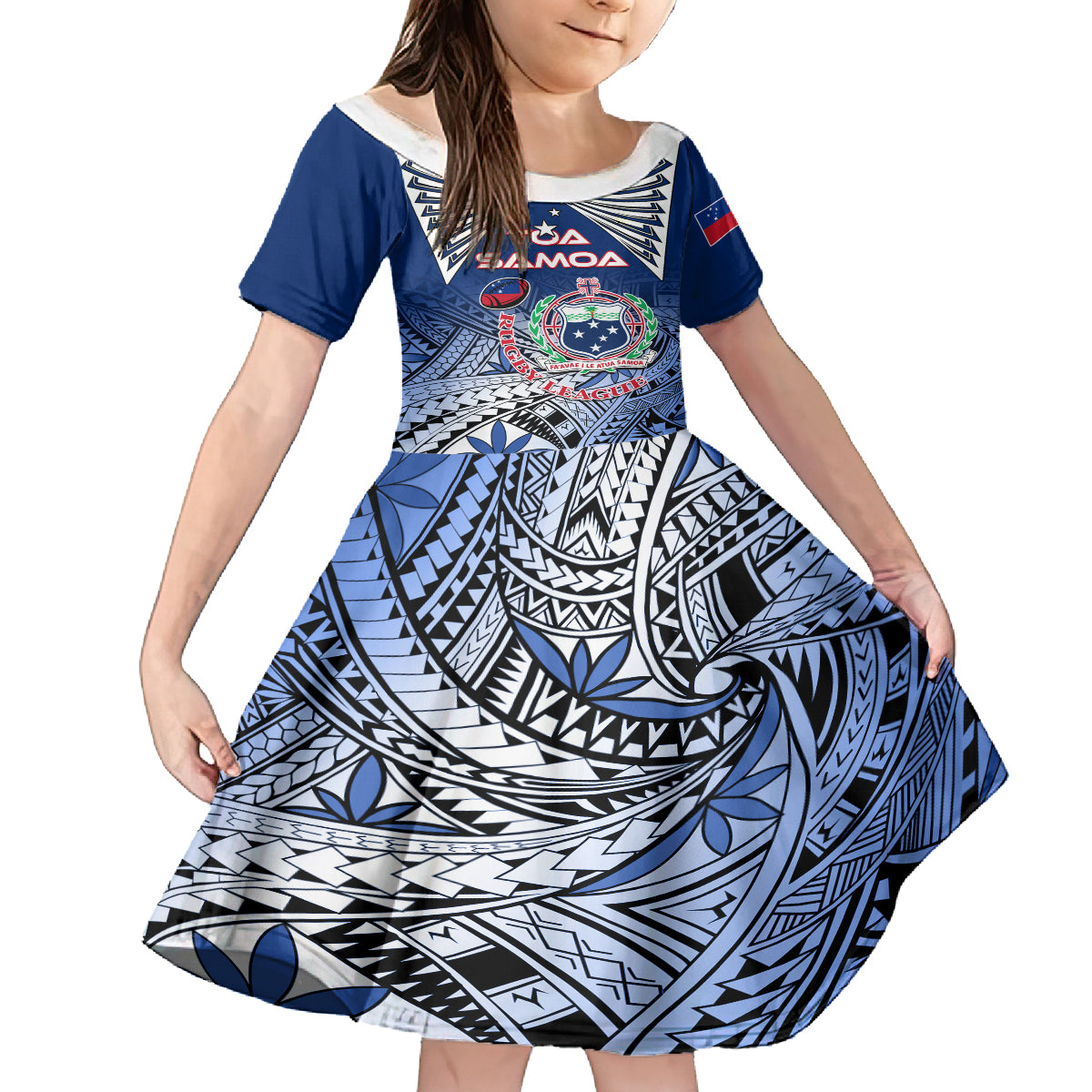 Custom Samoa Rugby Family Matching Puletasi Dress and Hawaiian Shirt Toa Samoa Myriad Patterns LT01 Daughter's Dress Blue - Polynesian Pride