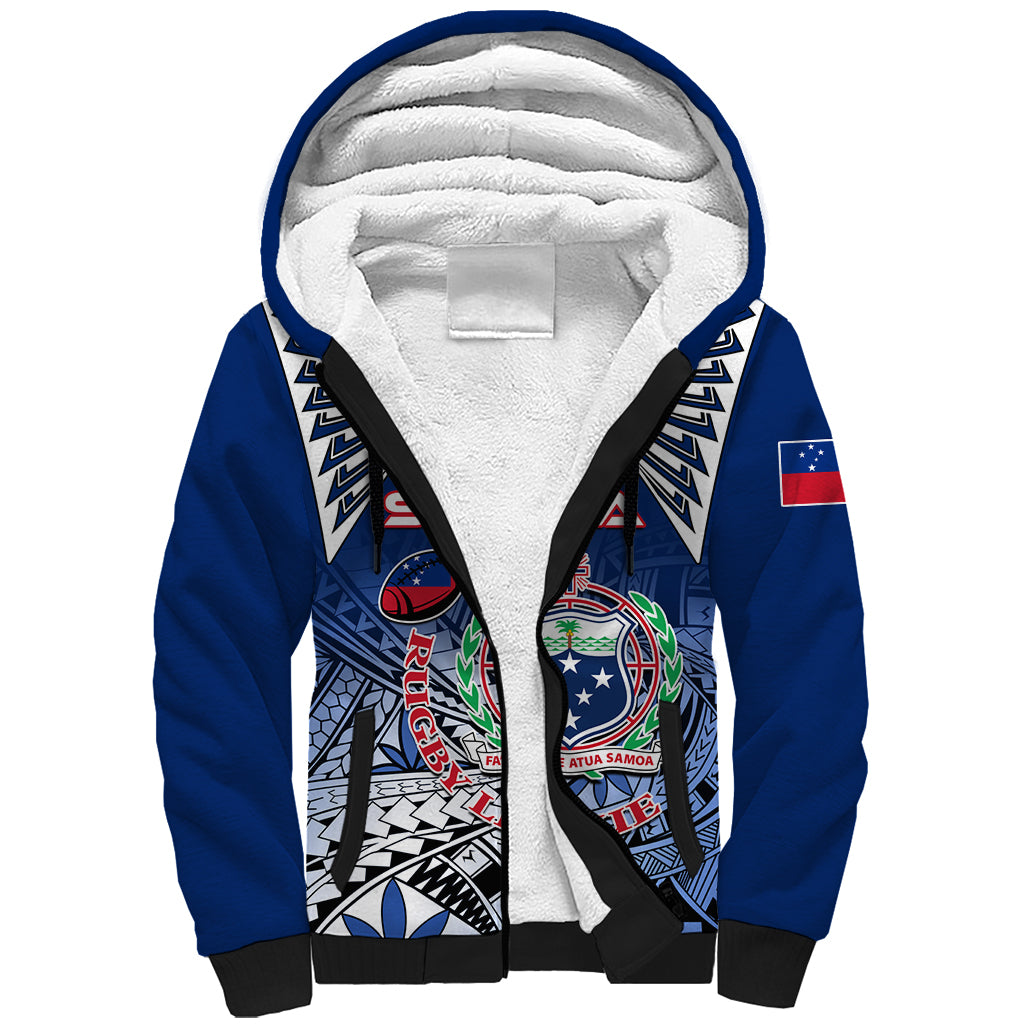 Custom Samoa Rugby Sherpa Hoodie Toa Samoa Myriad Patterns LT01 Unisex Blue - Polynesian Pride