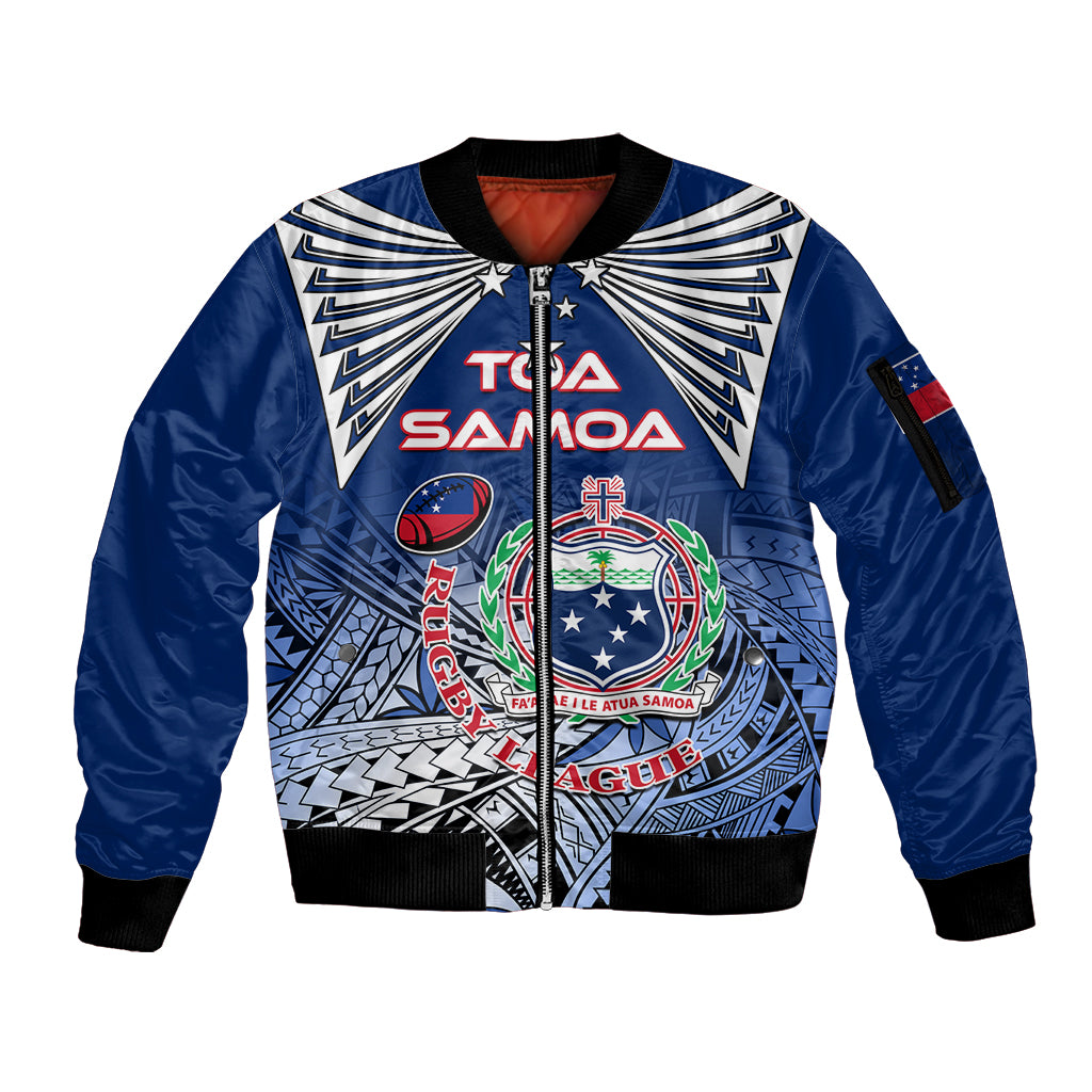 Custom Samoa Rugby Sleeve Zip Bomber Jacket Toa Samoa Myriad Patterns LT01 Unisex Blue - Polynesian Pride