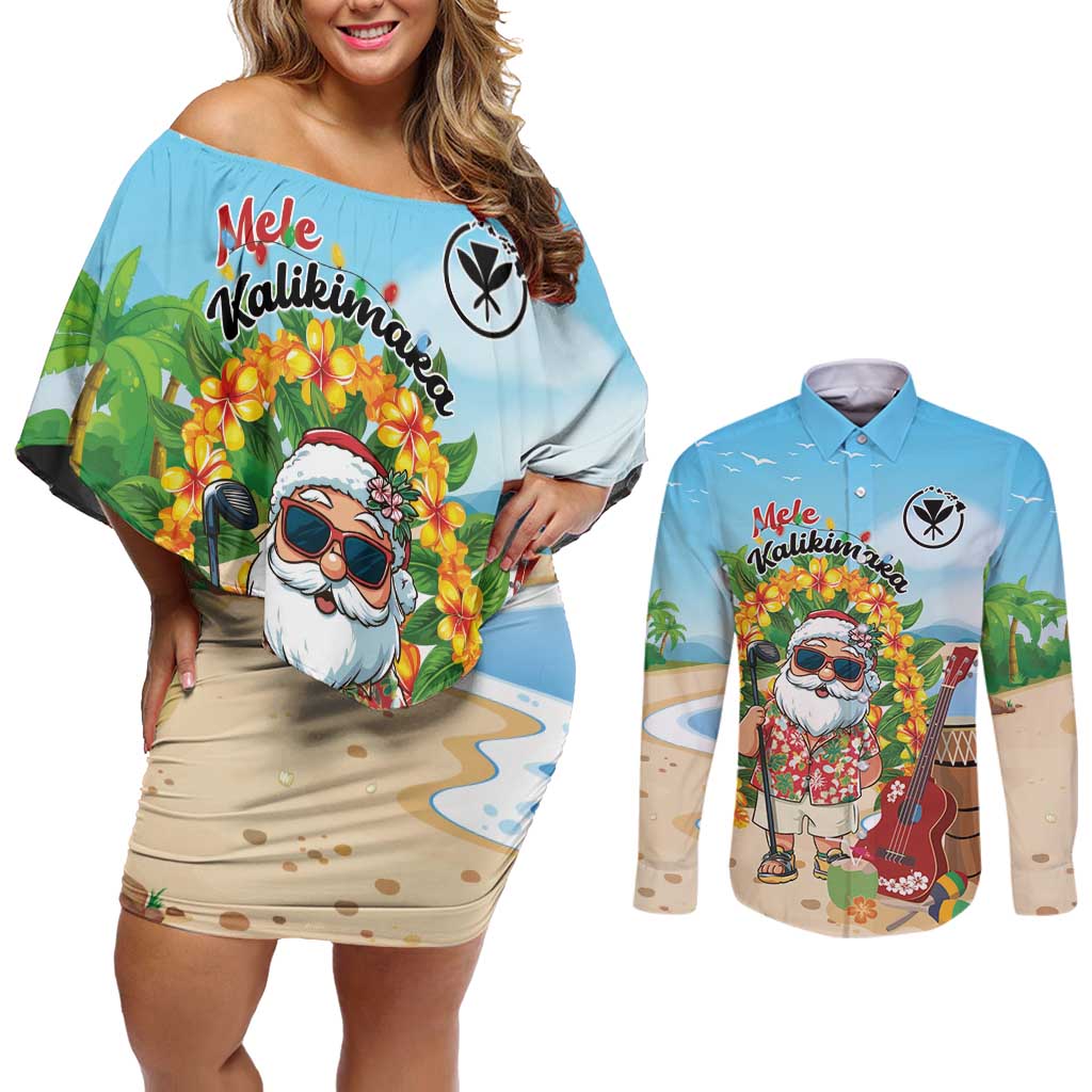 Personalized Hawaii Golf Christmas Couples Matching Off Shoulder Short Dress and Long Sleeve Button Shirt Mele Kalikimaka Funny Golfer Santa - Polynesian Pride