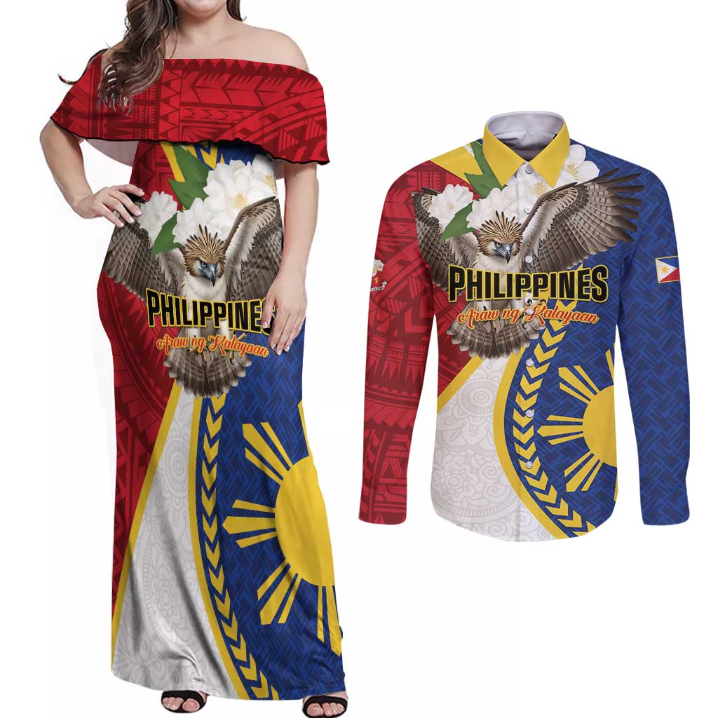 Personalized Philippines Couples Matching Off Shoulder Maxi Dress and Long Sleeve Button Shirt Filipino Araw ng Kalayaan LT01 Multicolor - Polynesian Pride