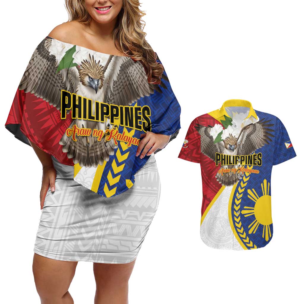 Personalized Philippines Couples Matching Off Shoulder Short Dress and Hawaiian Shirt Filipino Araw ng Kalayaan LT01 Multicolor - Polynesian Pride