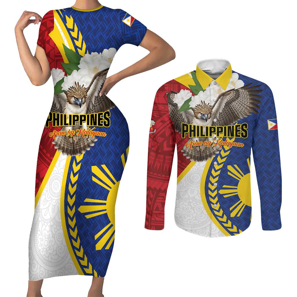 Personalized Philippines Couples Matching Short Sleeve Bodycon Dress and Long Sleeve Button Shirt Filipino Araw ng Kalayaan LT01 Multicolor - Polynesian Pride