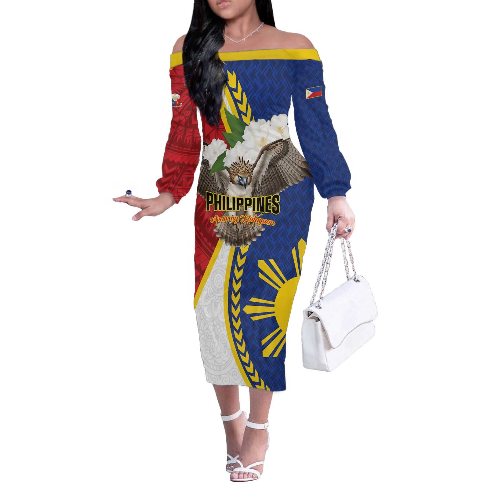 Personalized Philippines Off The Shoulder Long Sleeve Dress Filipino Araw ng Kalayaan