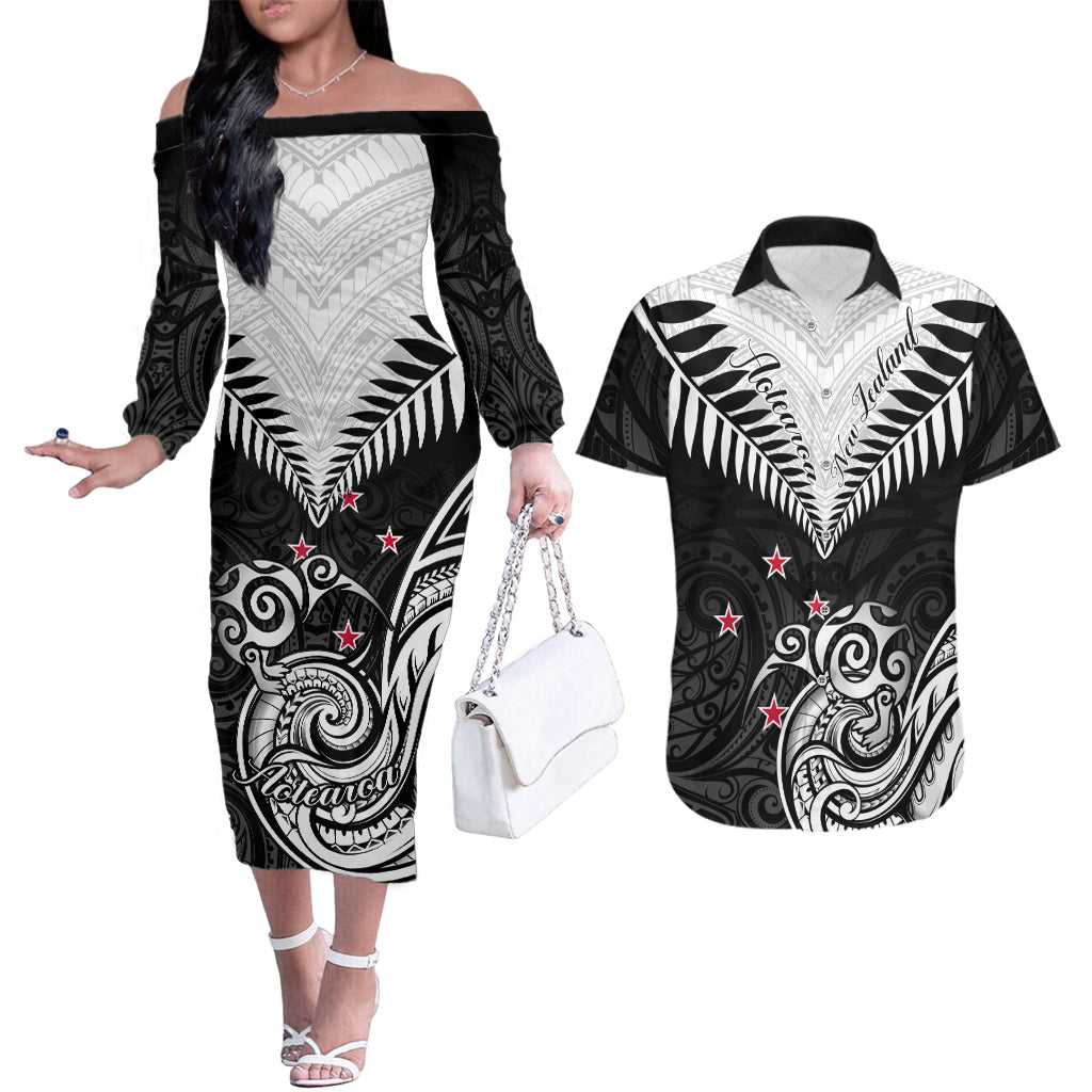 New Zealand Couples Matching Off The Shoulder Long Sleeve Dress and Hawaiian Shirt Aotearoa Maori Kiwi Black Fern LT01 Black - Polynesian Pride