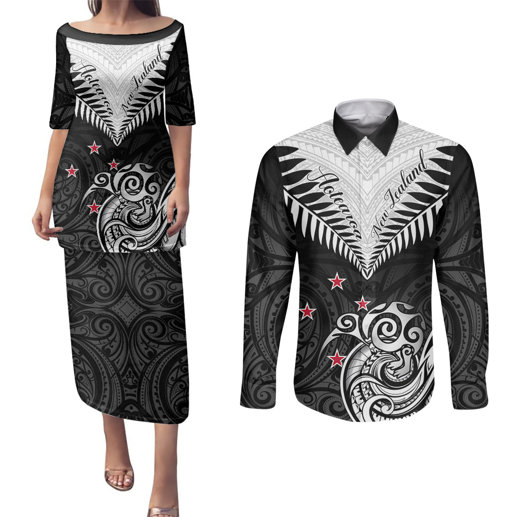 New Zealand Couples Matching Puletasi Dress and Long Sleeve Button Shirts Aotearoa Maori Kiwi Black Fern LT01 Black - Polynesian Pride