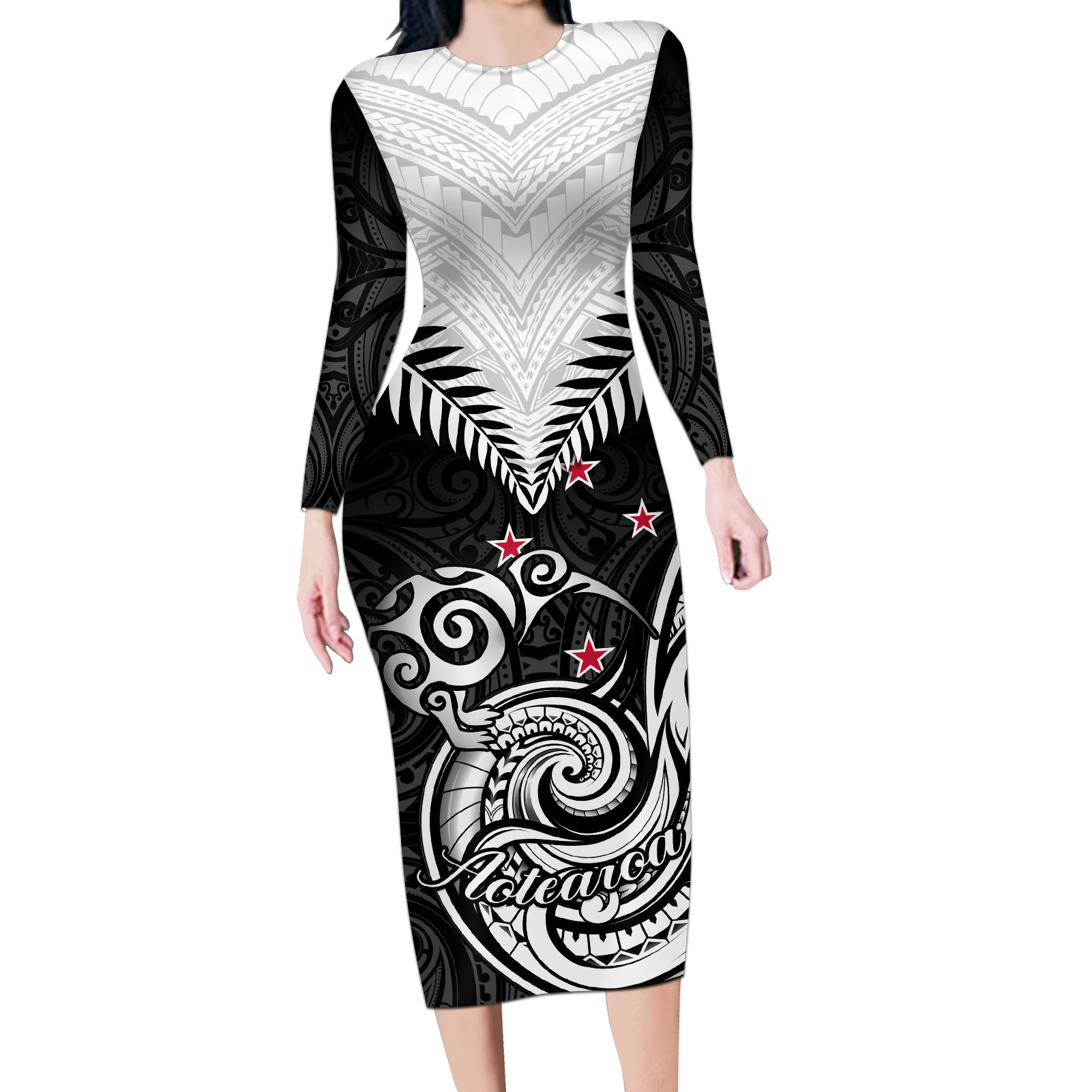 New Zealand Long Sleeve Bodycon Dress Aotearoa Maori Kiwi Black Fern LT01 Long Dress Black - Polynesian Pride