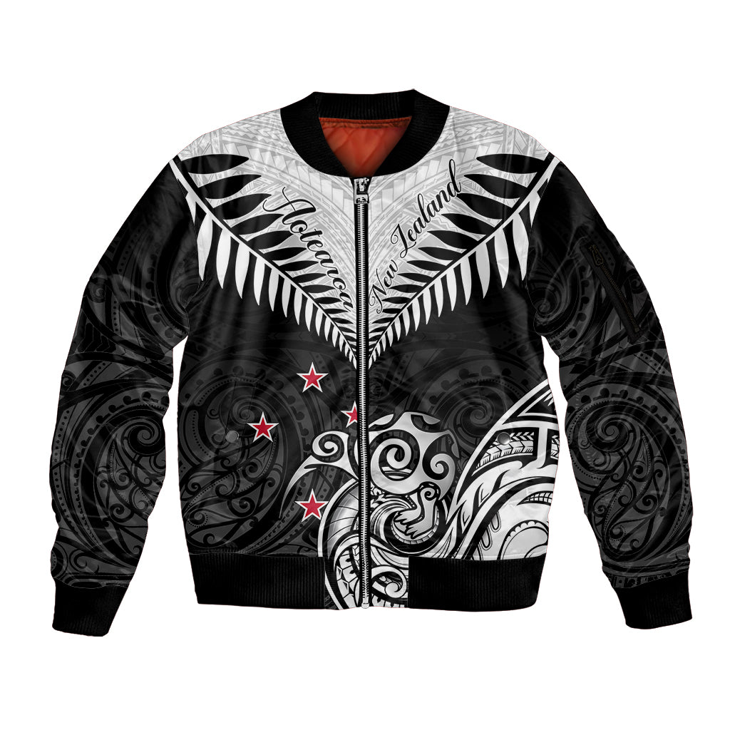 New Zealand Sleeve Zip Bomber Jacket Aotearoa Maori Kiwi Black Fern LT01 Unisex Black - Polynesian Pride