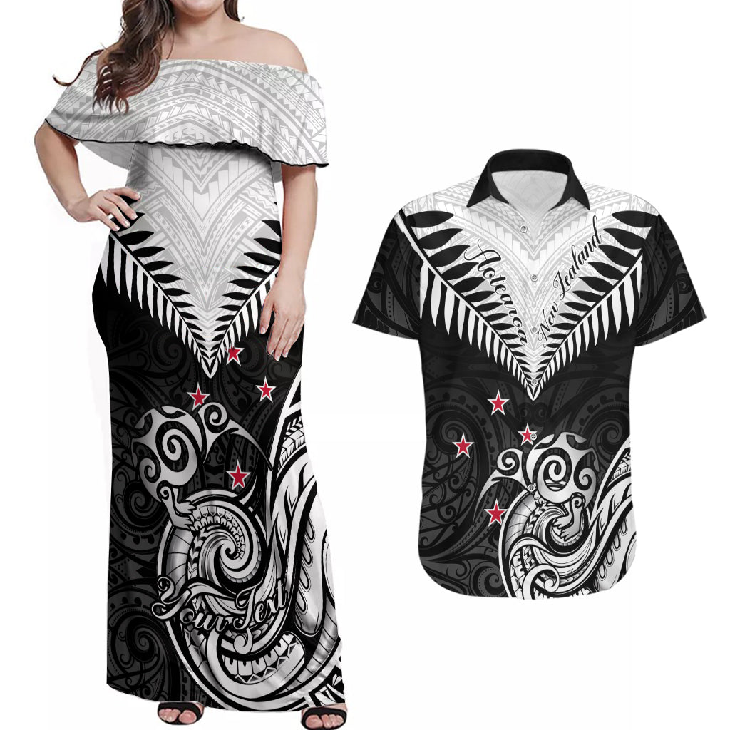 Personalised New Zealand Couples Matching Off Shoulder Maxi Dress and Hawaiian Shirt Aotearoa Maori Kiwi Black Fern LT01 Black - Polynesian Pride