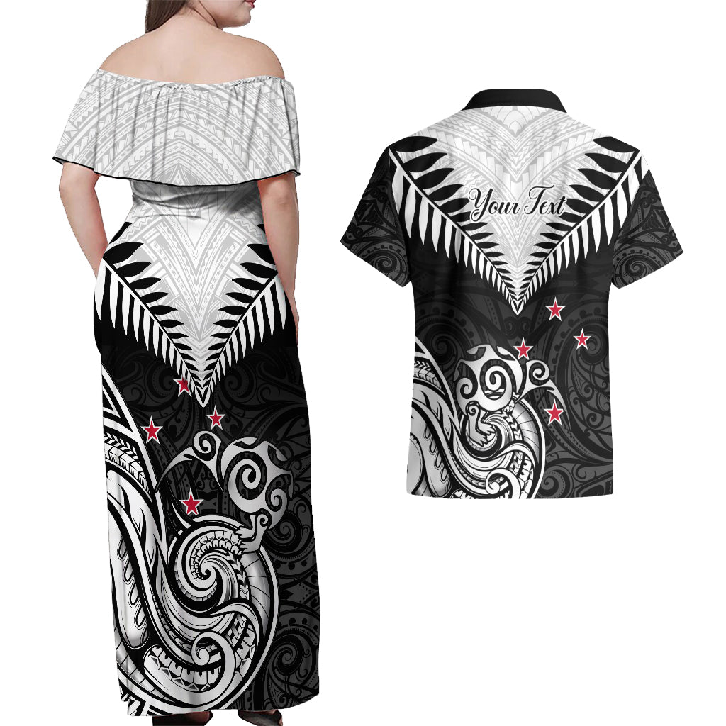 Personalised New Zealand Couples Matching Off Shoulder Maxi Dress and Hawaiian Shirt Aotearoa Maori Kiwi Black Fern LT01 - Polynesian Pride