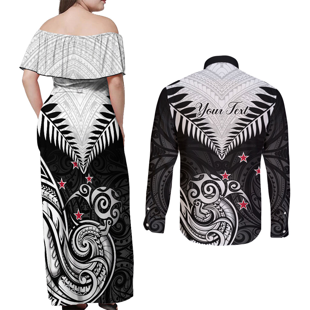 Personalised New Zealand Couples Matching Off Shoulder Maxi Dress and Long Sleeve Button Shirts Aotearoa Maori Kiwi Black Fern LT01 - Polynesian Pride