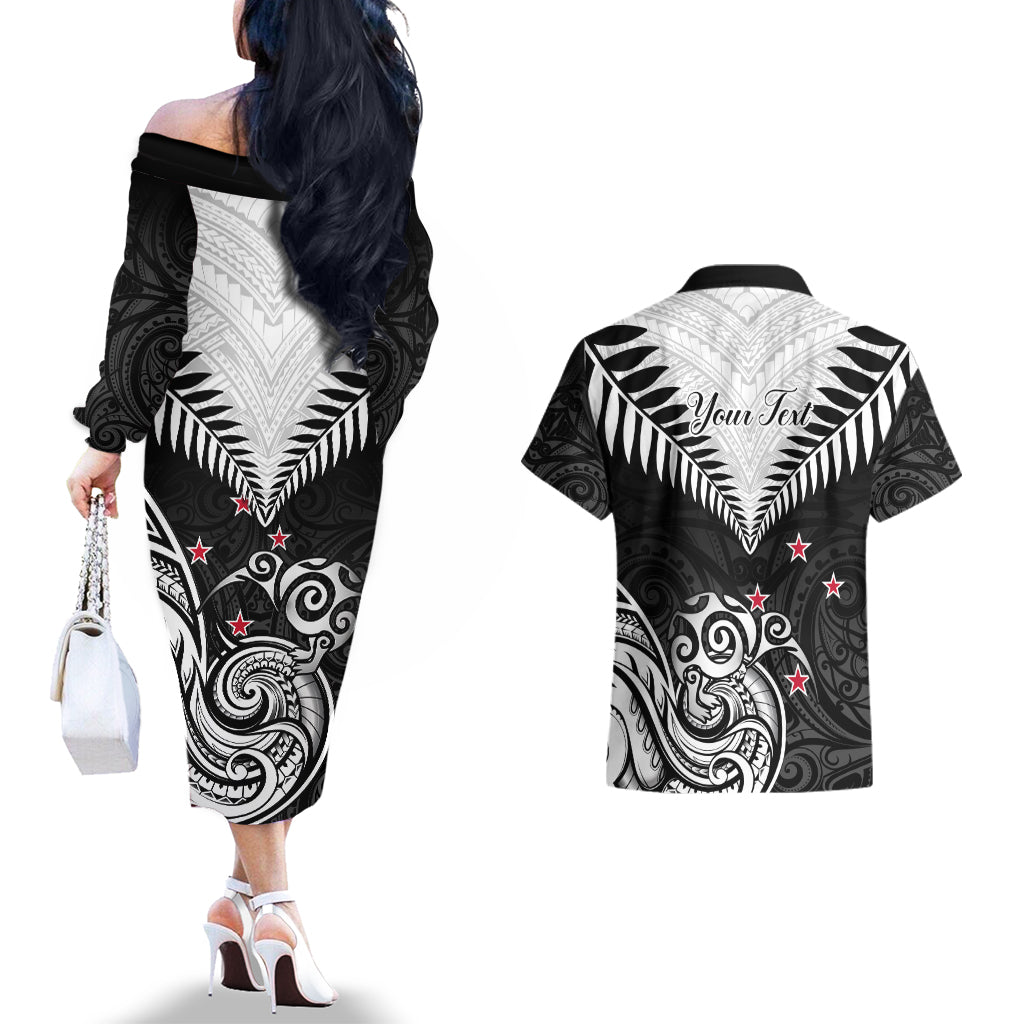 Personalised New Zealand Couples Matching Off The Shoulder Long Sleeve Dress and Hawaiian Shirt Aotearoa Maori Kiwi Black Fern LT01 - Polynesian Pride