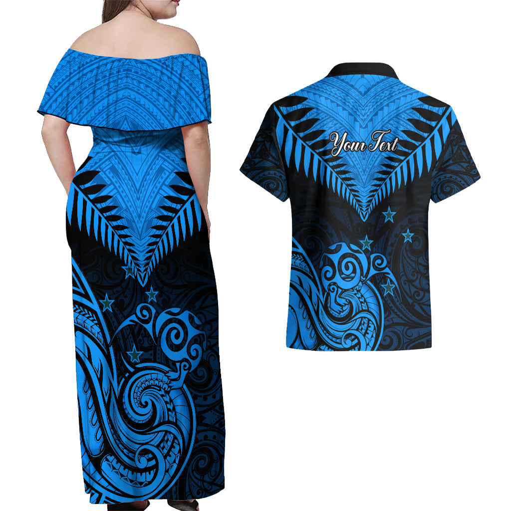 Personalised New Zealand Couples Matching Off Shoulder Maxi Dress and Hawaiian Shirt Aotearoa Blue Maori Kiwi Blue Fern LT01 - Polynesian Pride