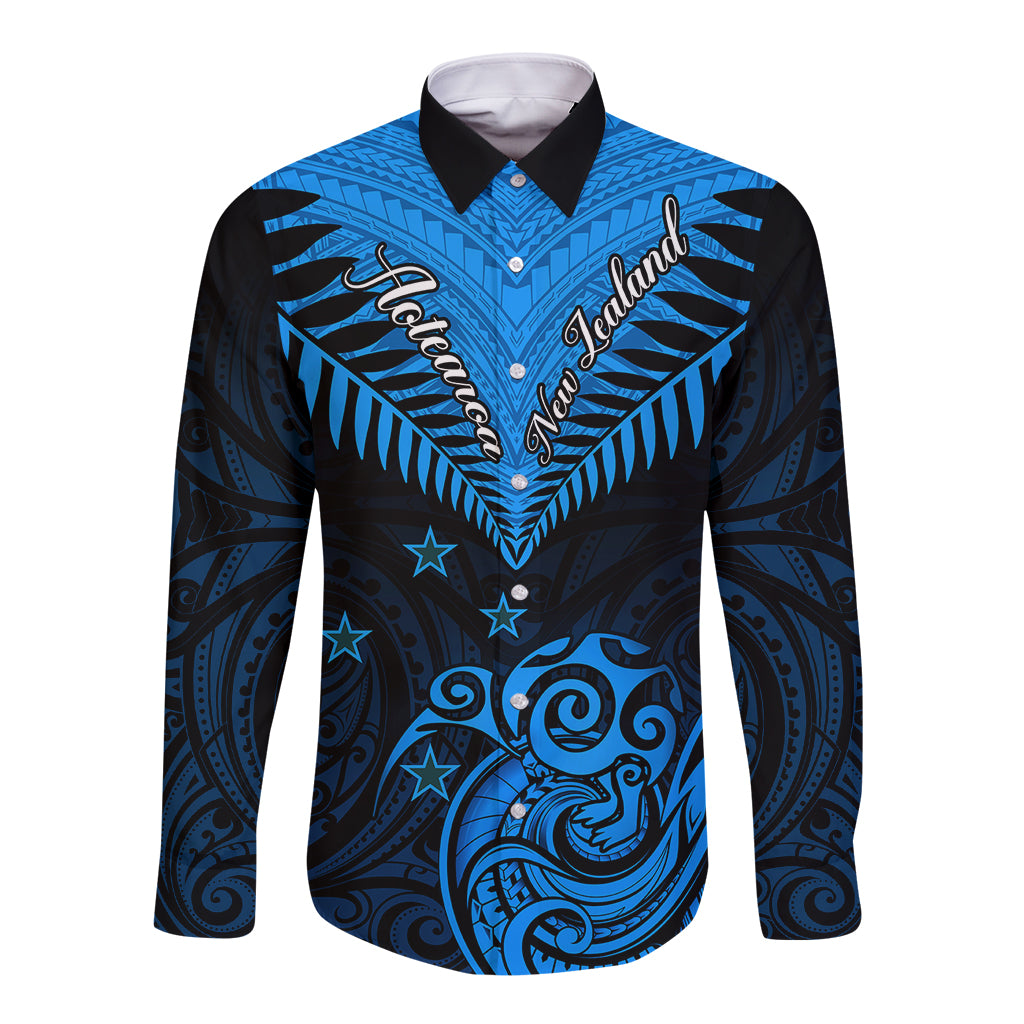 Personalised New Zealand Long Sleeve Button Shirt Aotearoa Blue Maori Kiwi Blue Fern LT01 Unisex Blue - Polynesian Pride