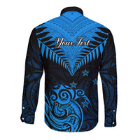 Personalised New Zealand Long Sleeve Button Shirt Aotearoa Blue Maori Kiwi Blue Fern LT01 - Polynesian Pride
