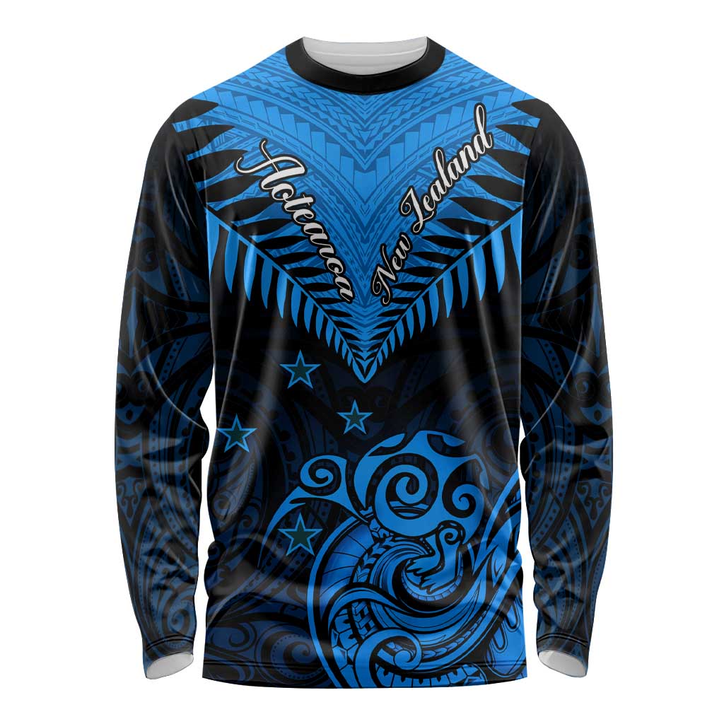 Personalised New Zealand Long Sleeve Shirt Aotearoa Blue Maori Kiwi Blue Fern LT01 Unisex Blue - Polynesian Pride