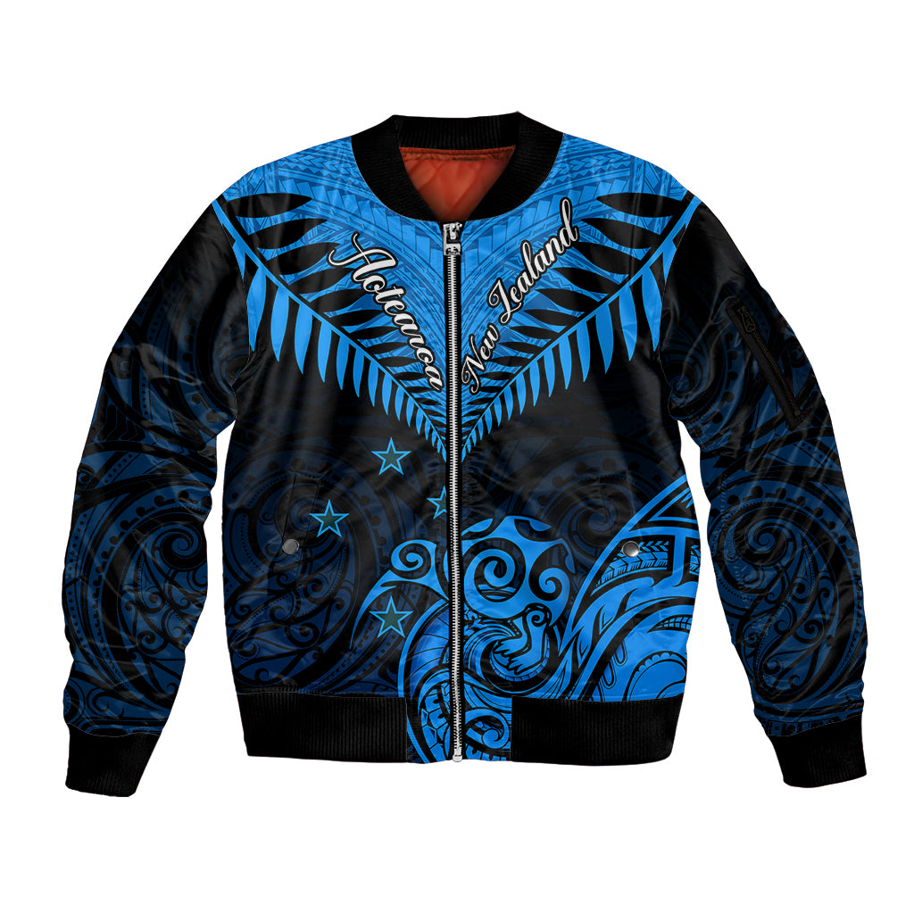 Personalised New Zealand Sleeve Zip Bomber Jacket Aotearoa Blue Maori Kiwi Blue Fern LT01 Unisex Blue - Polynesian Pride