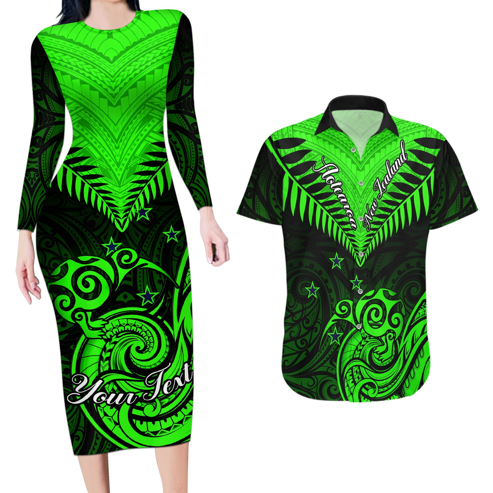 Personalised New Zealand Couples Matching Long Sleeve Bodycon Dress and Hawaiian Shirt Aotearoa Maori Kiwi Green Fern LT01 Green - Polynesian Pride