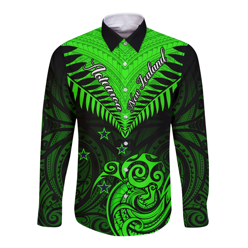 Personalised New Zealand Long Sleeve Button Shirt Aotearoa Maori Kiwi Green Fern LT01 Unisex Green - Polynesian Pride