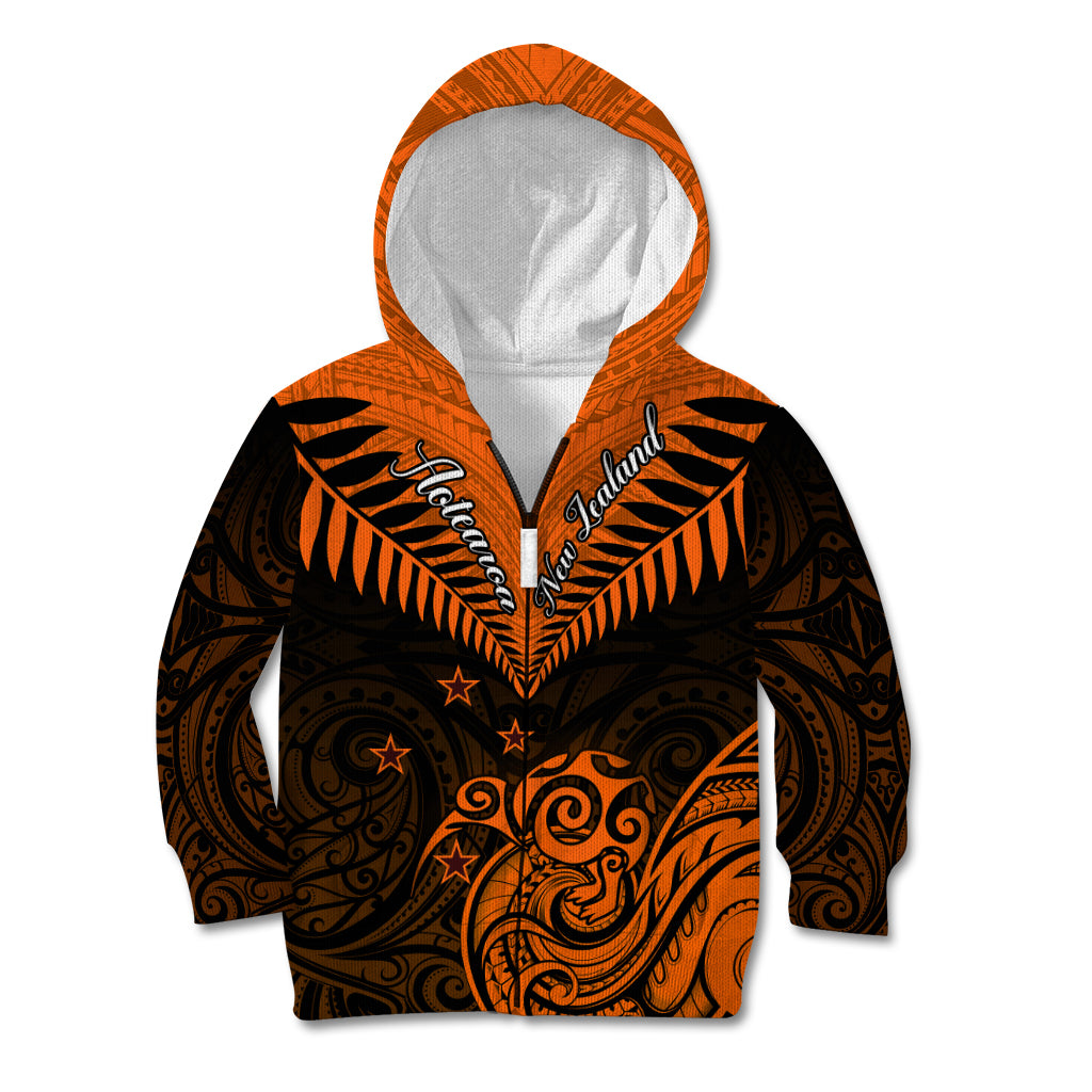 Personalised New Zealand Kid Hoodie Aotearoa Maori Kiwi Orange Fern LT01 Zip Hoodie Orange - Polynesian Pride