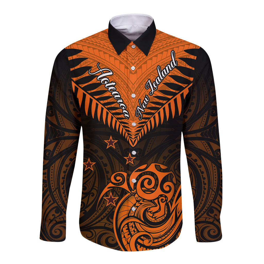 Personalised New Zealand Long Sleeve Button Shirt Aotearoa Maori Kiwi Orange Fern LT01 Unisex Orange - Polynesian Pride