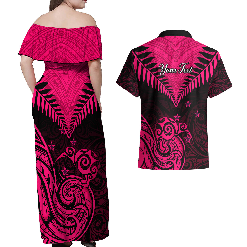 Personalised Aotearoa Couples Matching Off Shoulder Maxi Dress and Hawaiian Shirt Maori Kiwi Pink Fern LT01 - Polynesian Pride