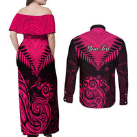 Personalised Aotearoa Couples Matching Off Shoulder Maxi Dress and Long Sleeve Button Shirts Maori Kiwi Pink Fern LT01 - Polynesian Pride
