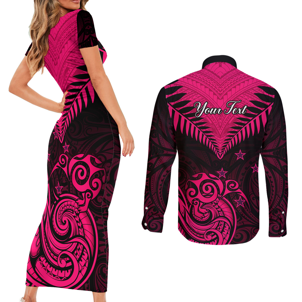 Personalised Aotearoa Couples Matching Short Sleeve Bodycon Dress and Long Sleeve Button Shirts Maori Kiwi Pink Fern LT01 - Polynesian Pride