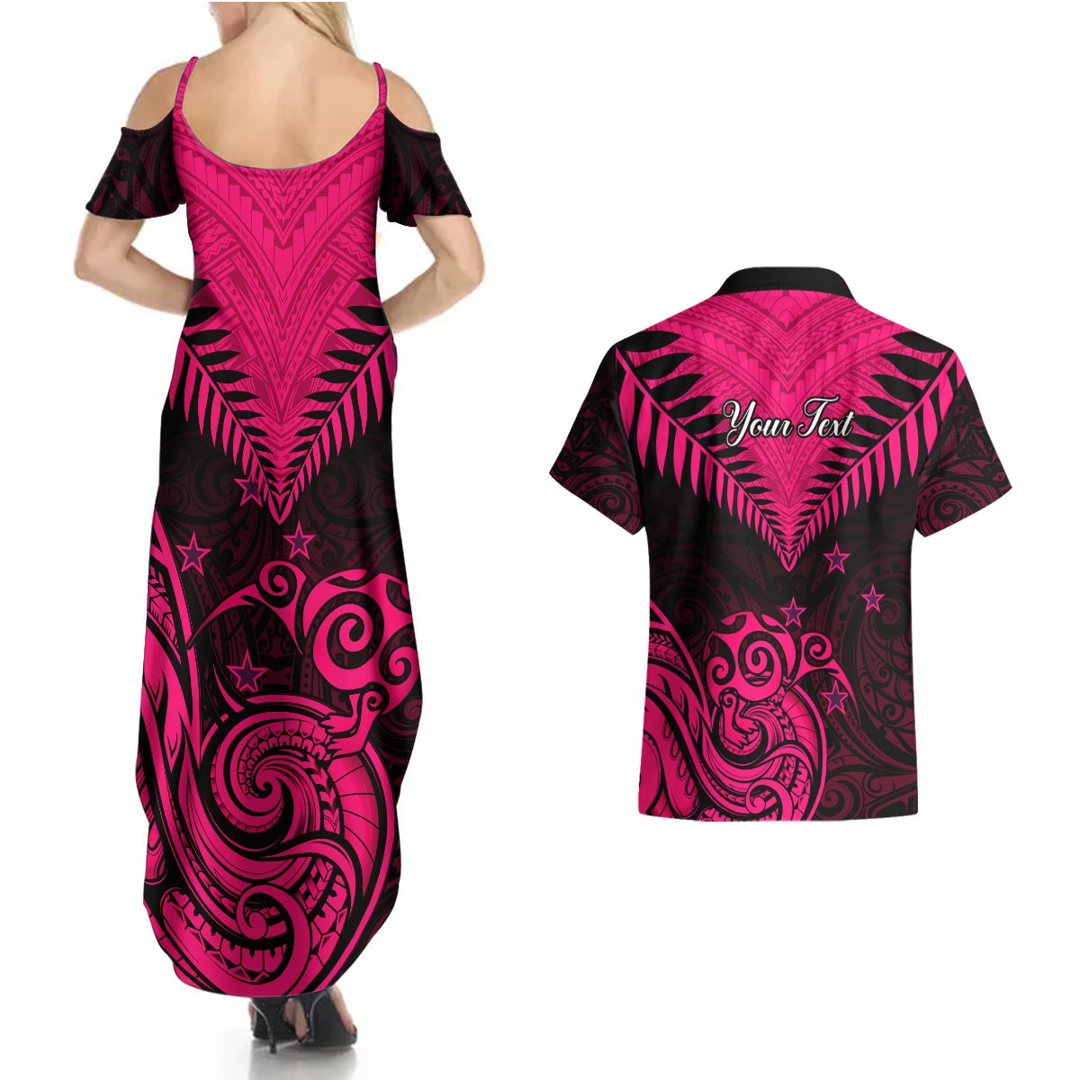 Personalised Aotearoa Couples Matching Summer Maxi Dress and Hawaiian Shirt Maori Kiwi Pink Fern LT01 - Polynesian Pride