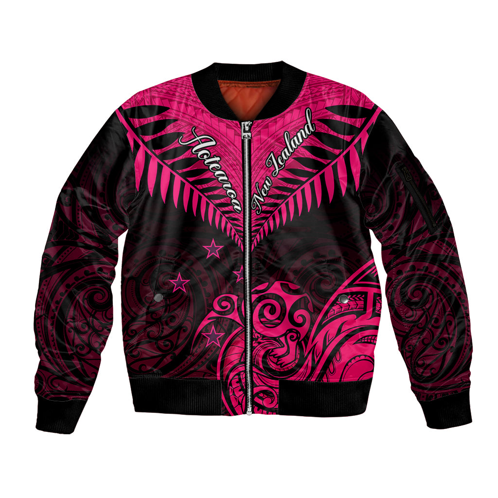 Personalised Aotearoa Sleeve Zip Bomber Jacket Maori Kiwi Pink Fern LT01 Unisex Pink - Polynesian Pride