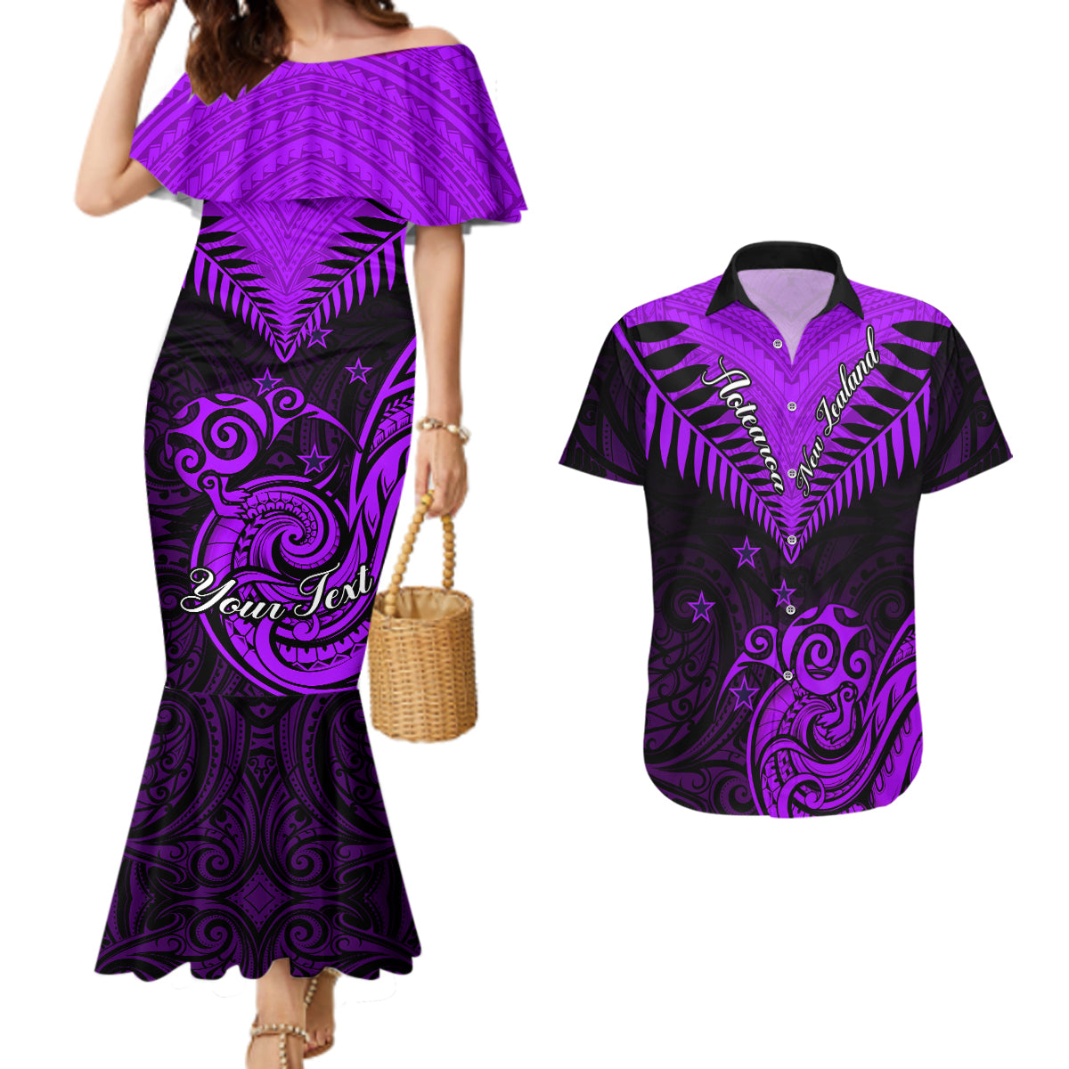 Personalised Aotearoa Couples Matching Mermaid Dress And Hawaiian Shirt Maori Kiwi Purple Fern LT01 Purple - Polynesian Pride