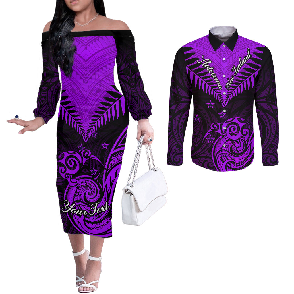 Personalised Aotearoa Couples Matching Off The Shoulder Long Sleeve Dress and Long Sleeve Button Shirts Maori Kiwi Purple Fern LT01 Purple - Polynesian Pride