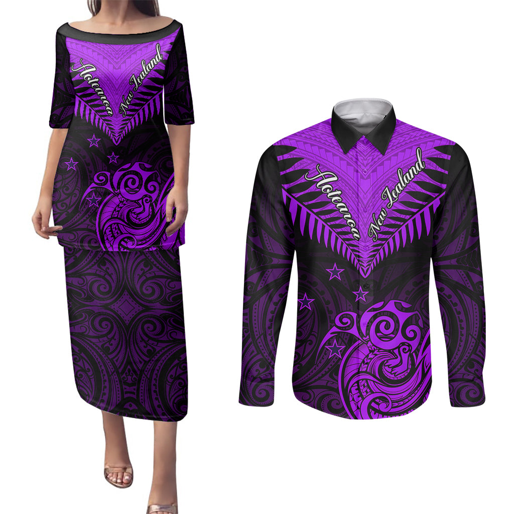 Personalised Aotearoa Couples Matching Puletasi Dress and Long Sleeve Button Shirts Maori Kiwi Purple Fern LT01 Purple - Polynesian Pride