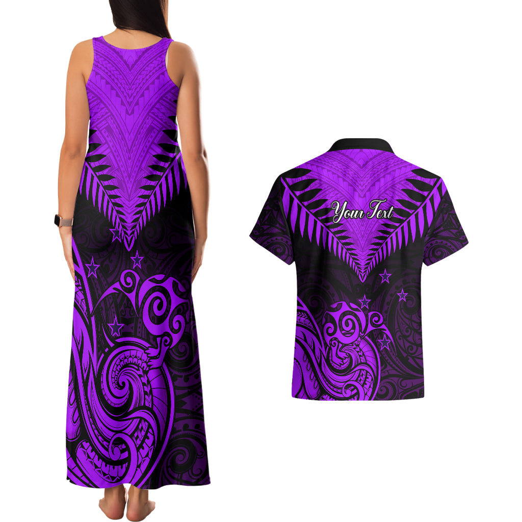 Personalised Aotearoa Couples Matching Tank Maxi Dress And Hawaiian Shirt Maori Kiwi Purple Fern LT01 - Polynesian Pride