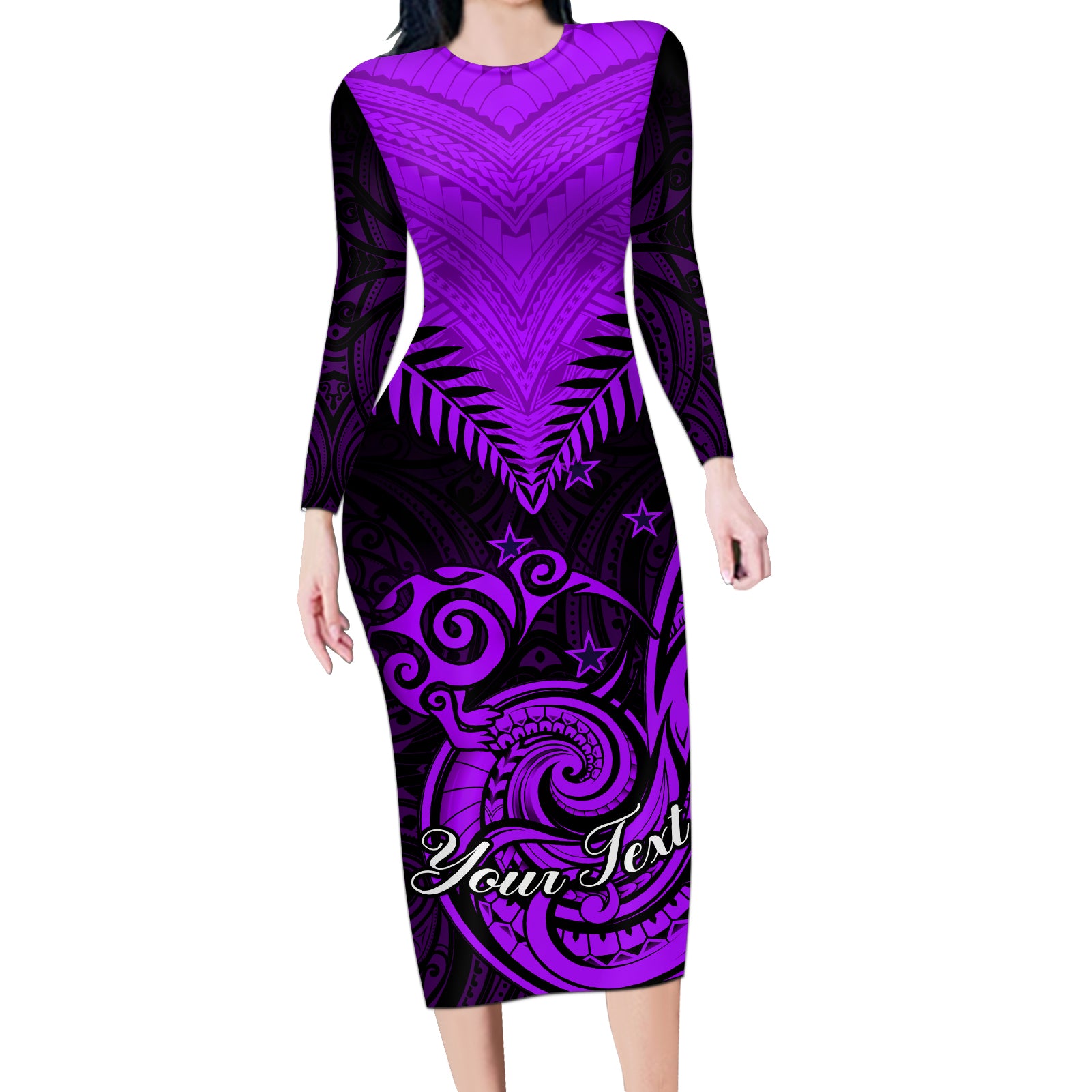 Personalised Aotearoa Long Sleeve Bodycon Dress Maori Kiwi Purple Fern LT01 Long Dress Purple - Polynesian Pride